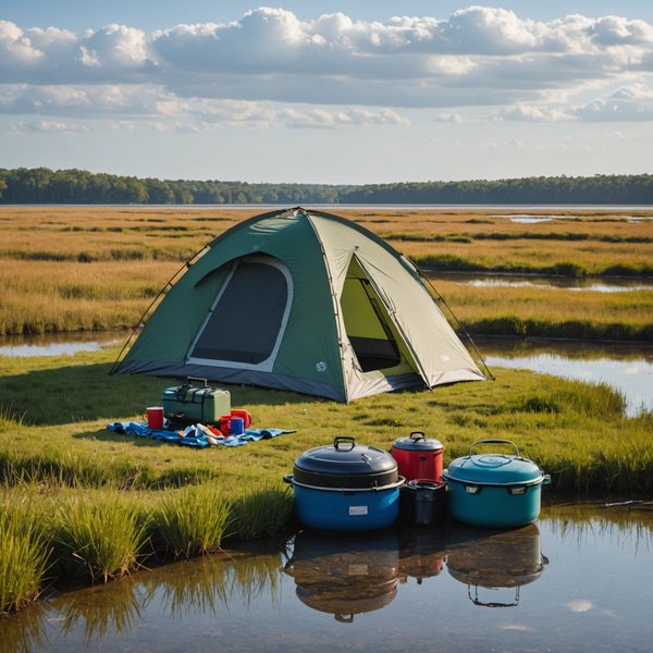 Quels sont les équipements nécessaires pour un camping en région de marais salants en été?